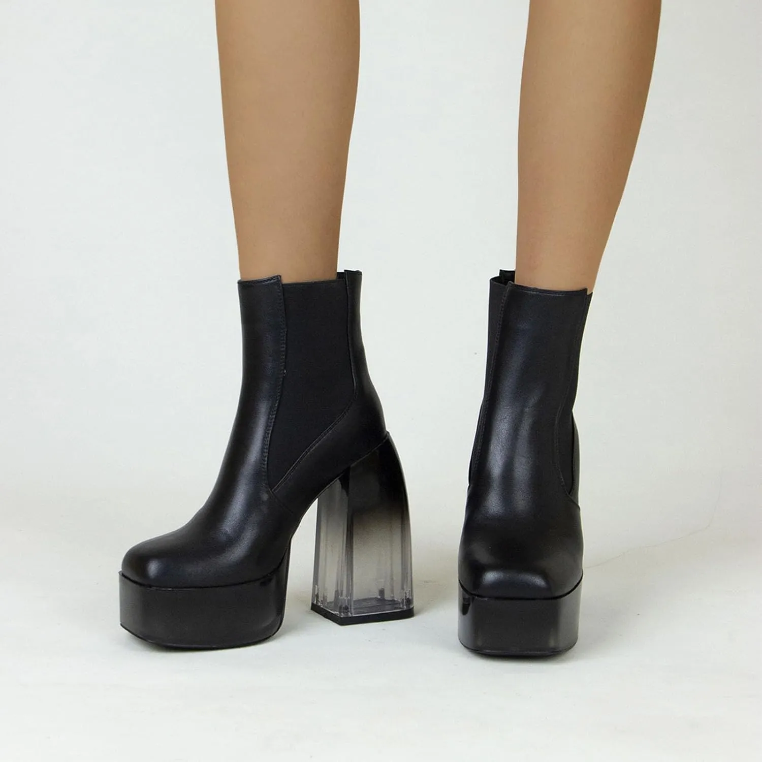 14cm Gradient Color Transparent Heel Ankle Boots Patent Leather Waterproof Platform Thick Bottom Women's Boots