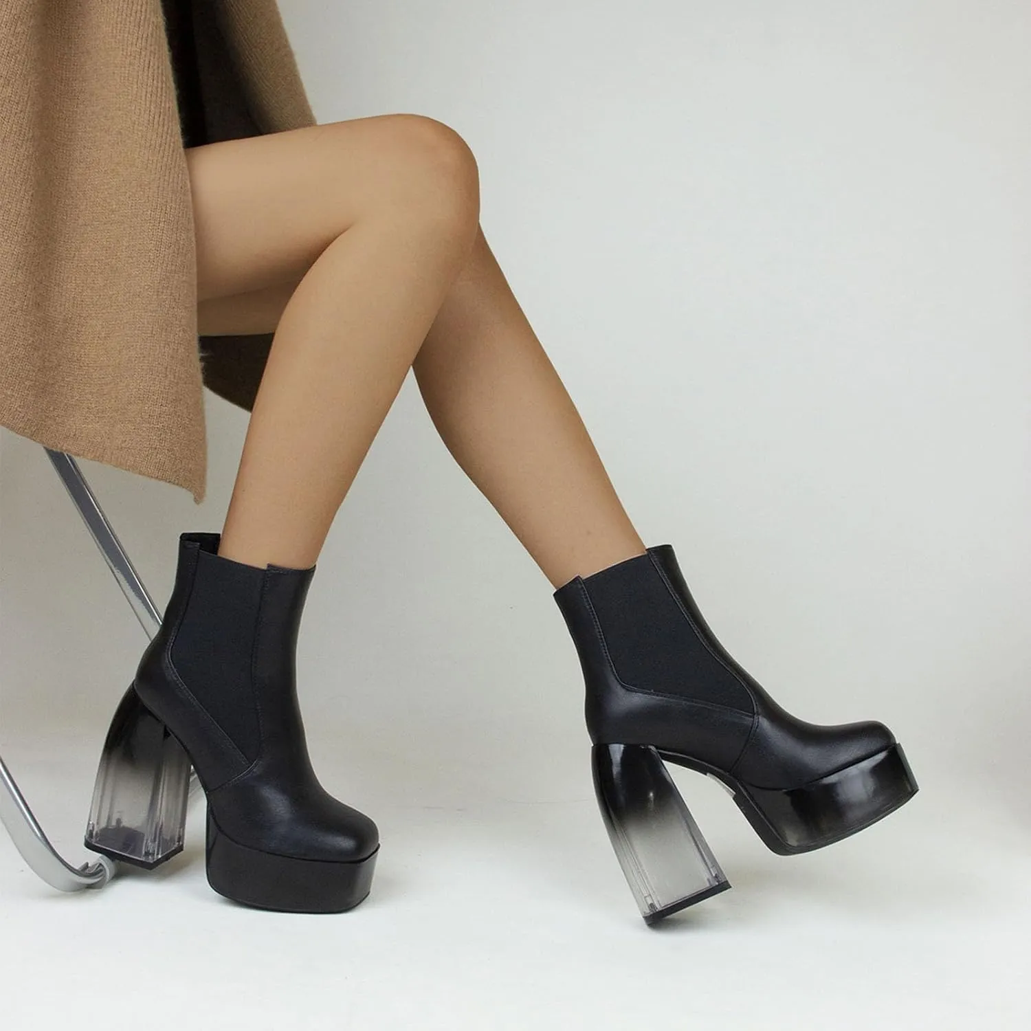 14cm Gradient Color Transparent Heel Ankle Boots Patent Leather Waterproof Platform Thick Bottom Women's Boots