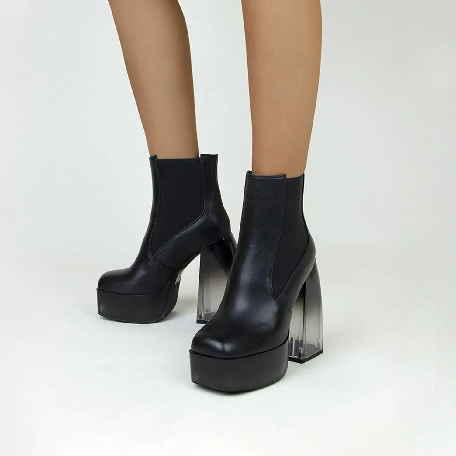 14cm Gradient Color Transparent Heel Ankle Boots Patent Leather Waterproof Platform Thick Bottom Women's Boots
