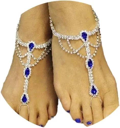 1Pair Summer Beach Multilayer Rhinestone Barefoot Sandals Foot Chain with Toe Ring Bikini Crystal Anklets Jewelry Wedding Bridal Rhinestone Foot Chain Jewelry for Women