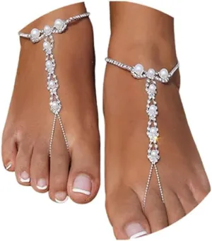 1Pair Summer Beach Rhinestone Barefoot Sandals Foot Chain Jewelry Wedding Crystal Pearl Leg Bracelet Toe Jewelry Bikini Rhinestone High Heel Anklet Shoe Chain for Women