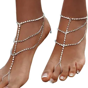 1Pair Summer Beach Rhinestone Barefoot Sandals Foot Chain with Toe Ring Bikini Crystal Anklets Bracelet Wedding Bridal Rhinestone Anklet Foot Chain Jewelry for Women