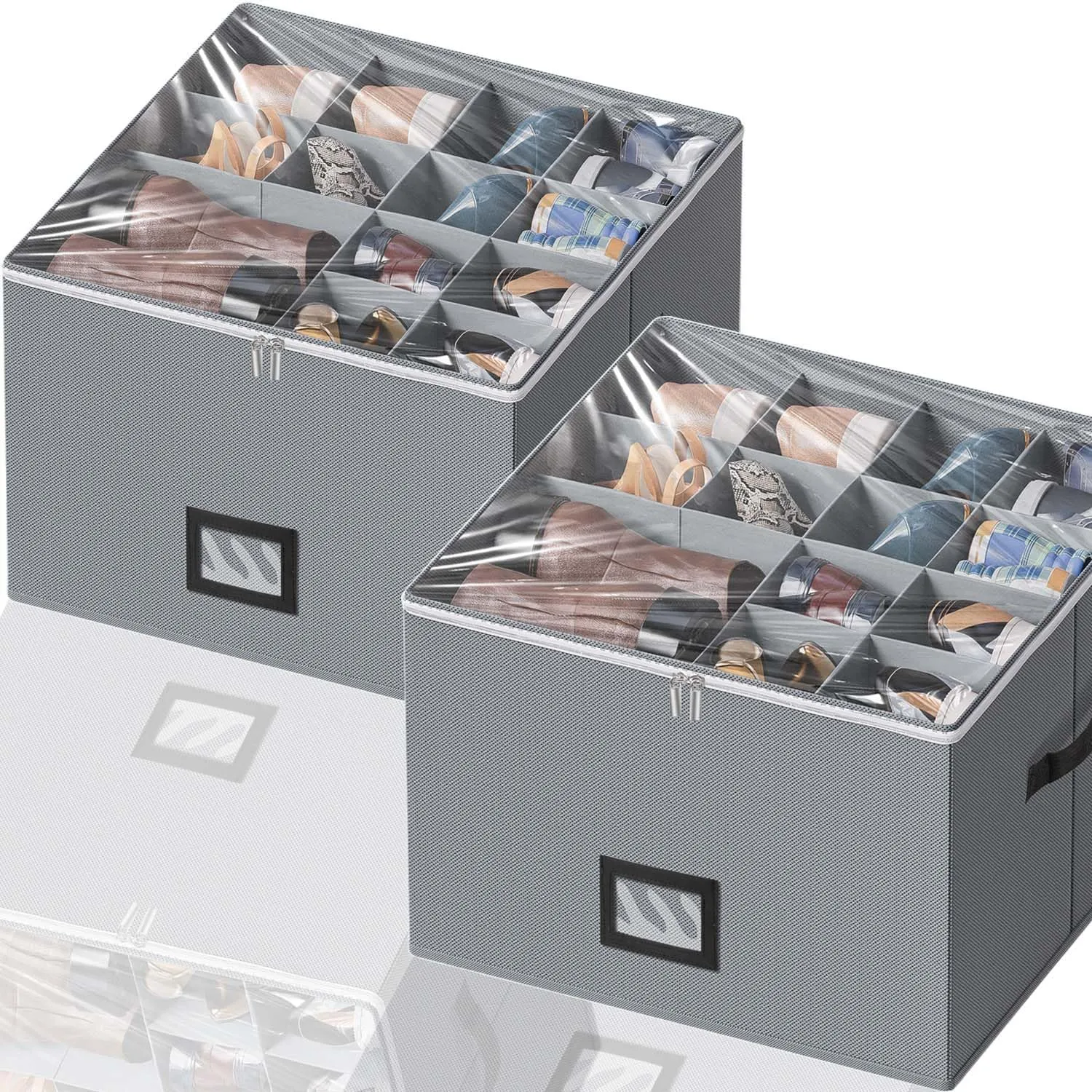 2 Pack Shoe Organizer for Closet - Large shoe storage boxes Fit 16 Pairs, Fabric Shoe Bin with Clear Cover, Adjustable Dividers for Shoes, Handbags, Blankets, Linen, Clothin