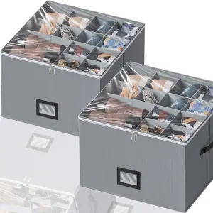 2 Pack Shoe Organizer for Closet - Large shoe storage boxes Fit 16 Pairs, Fabric Shoe Bin with Clear Cover, Adjustable Dividers for Shoes, Handbags, Blankets, Linen, Clothin