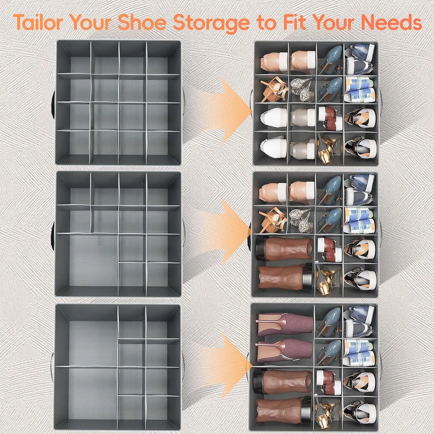 2 Pack Shoe Organizer for Closet - Large shoe storage boxes Fit 16 Pairs, Fabric Shoe Bin with Clear Cover, Adjustable Dividers for Shoes, Handbags, Blankets, Linen, Clothin