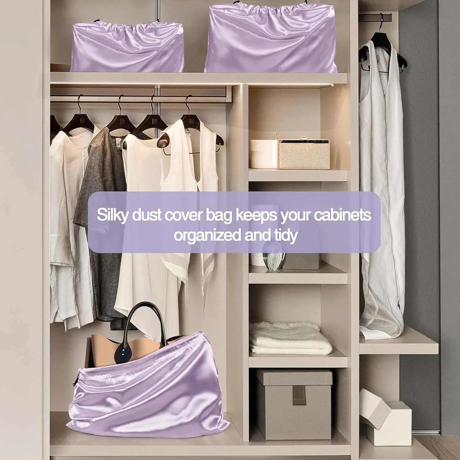6 Pack Silky Dust Bags for Handbags,Luxury Lavender Satin Dust Cover Bag Silk Drawstring Bag Handbag Protector Travel Storage Pouch for Purse Shoes Boots(19.6 x 15.7 In   23.6 x 19.6 In)