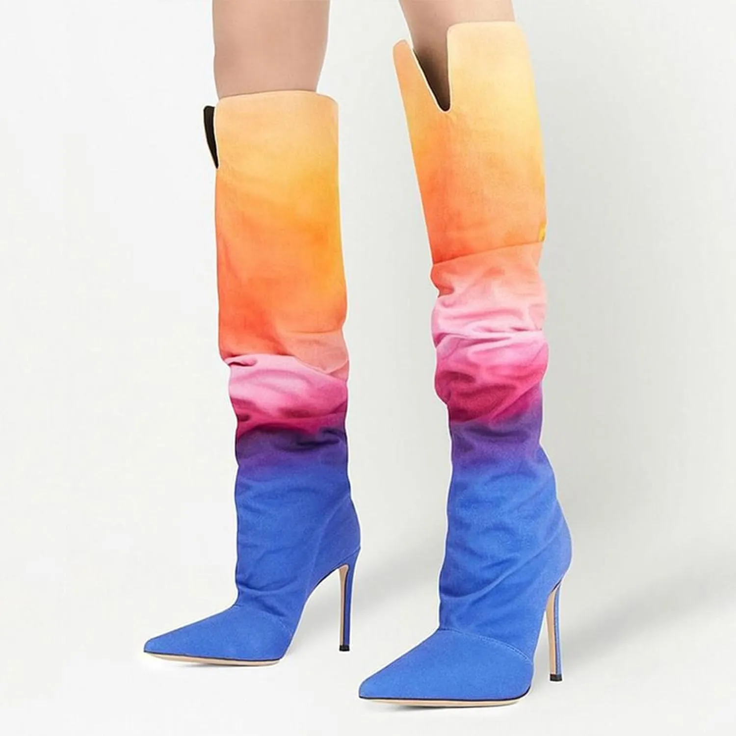 8cm Large Size Gradient Color Over the Knee Boots Winter Suede Pleated Pointed Toe Women's High Heels