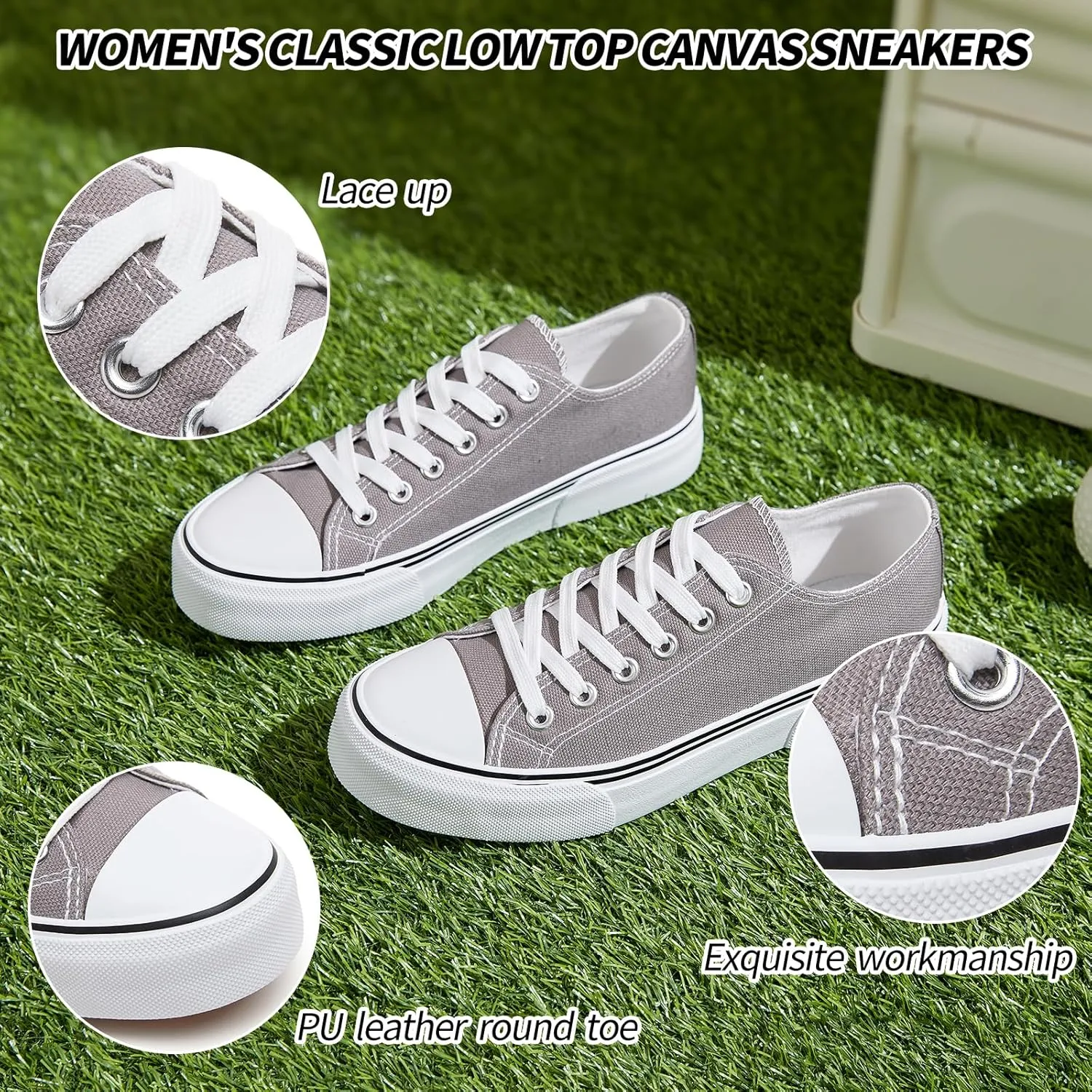 Adokoo Canvas Tennis Shoes for Women Low Top Casual White Black Sneakers for Women Lace Up Fashion Comfortable Walking Shoes
