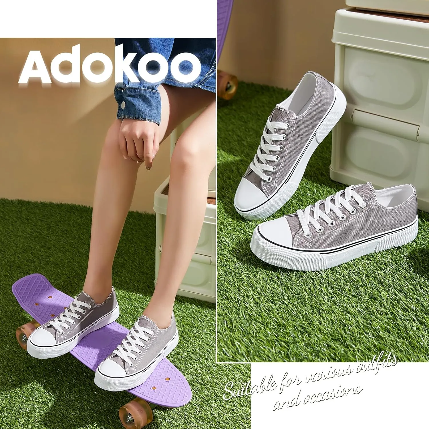 Adokoo Canvas Tennis Shoes for Women Low Top Casual White Black Sneakers for Women Lace Up Fashion Comfortable Walking Shoes