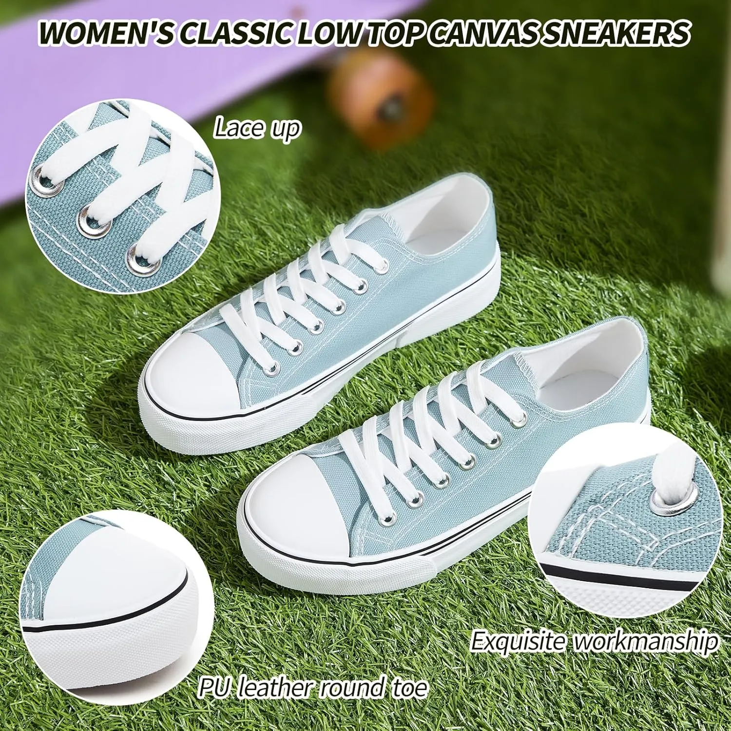 Adokoo Canvas Tennis Shoes for Women Low Top Casual White Black Sneakers for Women Lace Up Fashion Comfortable Walking Shoes