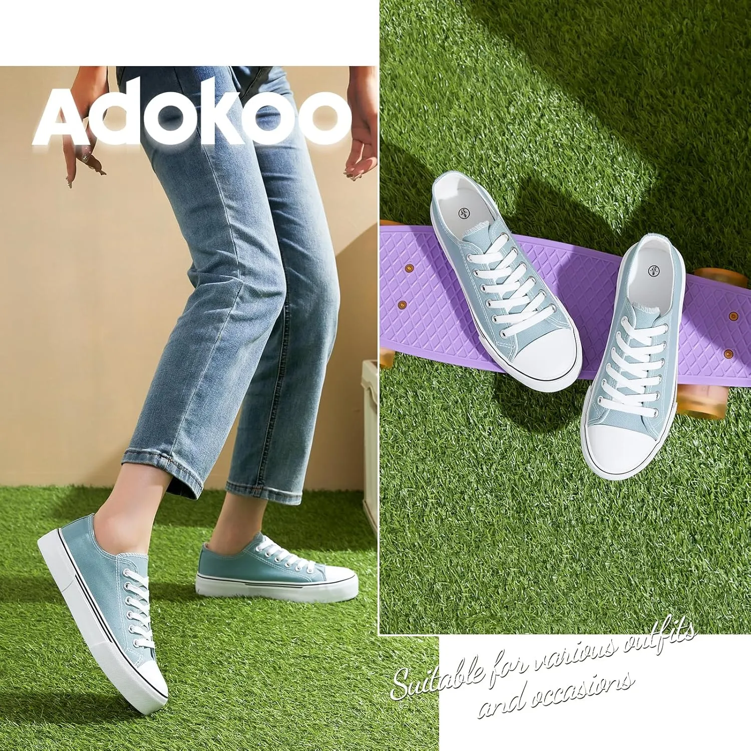 Adokoo Canvas Tennis Shoes for Women Low Top Casual White Black Sneakers for Women Lace Up Fashion Comfortable Walking Shoes