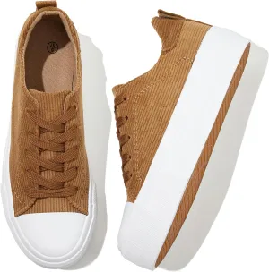 Adokoo Women's Platform Sneakers Corduroy White Sneakers Shoes for Women Black Low Top Lace Up Casual Fashion Walking Shoes
