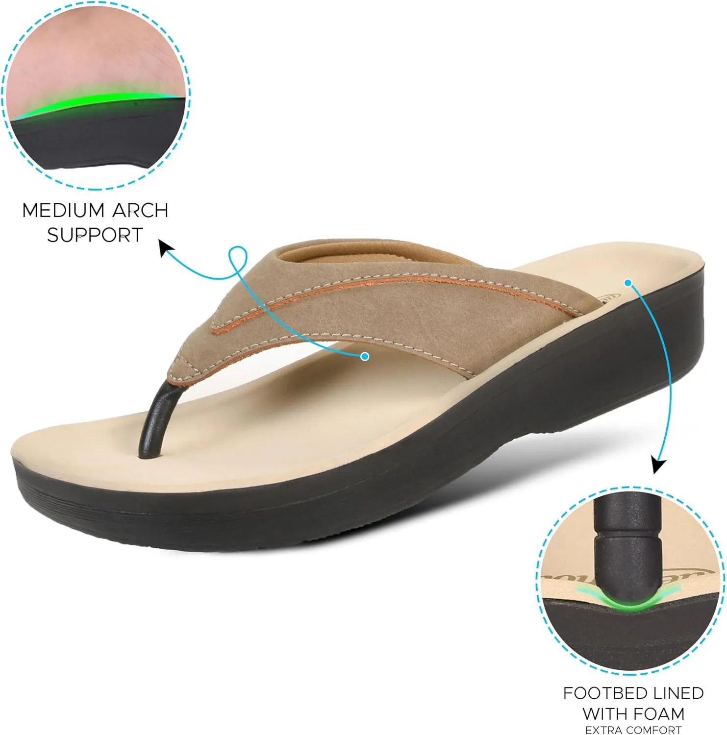 AEROTHOTIC Arch Support Flip Flops for Women Comfortable Cushioned Memory Foam Lined Footbed Outdoor Indoor Dressy Beach Walking Thong Soft Padded Strappy Sandals