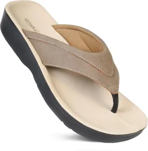AEROTHOTIC Arch Support Flip Flops for Women Comfortable Cushioned Memory Foam Lined Footbed Outdoor Indoor Dressy Beach Walking Thong Soft Padded Strappy Sandals