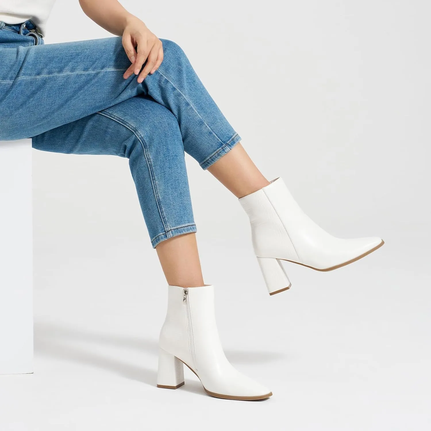 ALICEPUB Women's Ankle Boots Chunky Heel Booties Leather & Suede Dress Booties Square Toe Boots with Side Zipper