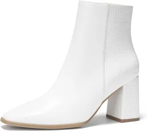 ALICEPUB Women's Ankle Boots Chunky Heel Booties Leather & Suede Dress Booties Square Toe Boots with Side Zipper
