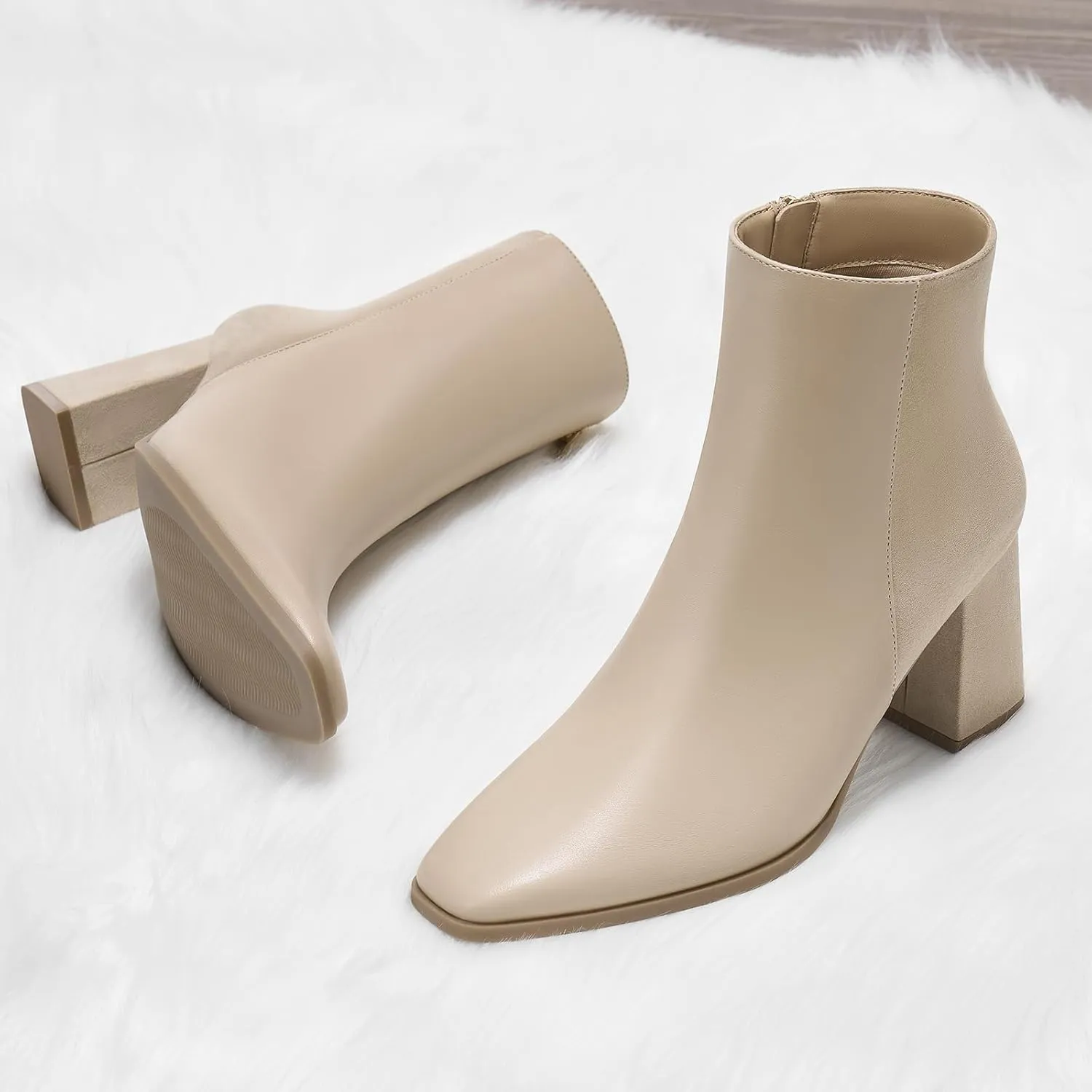 ALICEPUB Women's Ankle Boots Chunky Heel Booties Leather & Suede Dress Booties Square Toe Boots with Side Zipper