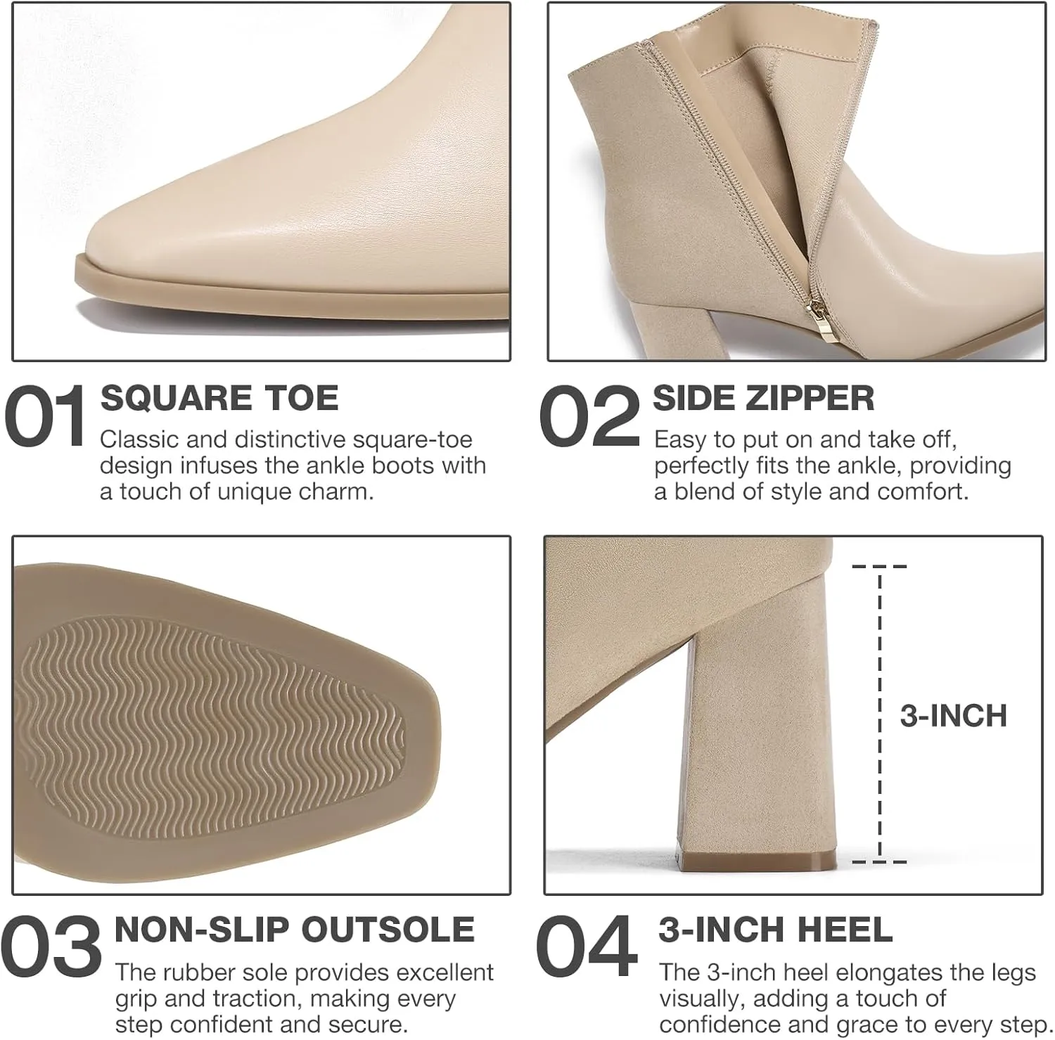 ALICEPUB Women's Ankle Boots Chunky Heel Booties Leather & Suede Dress Booties Square Toe Boots with Side Zipper
