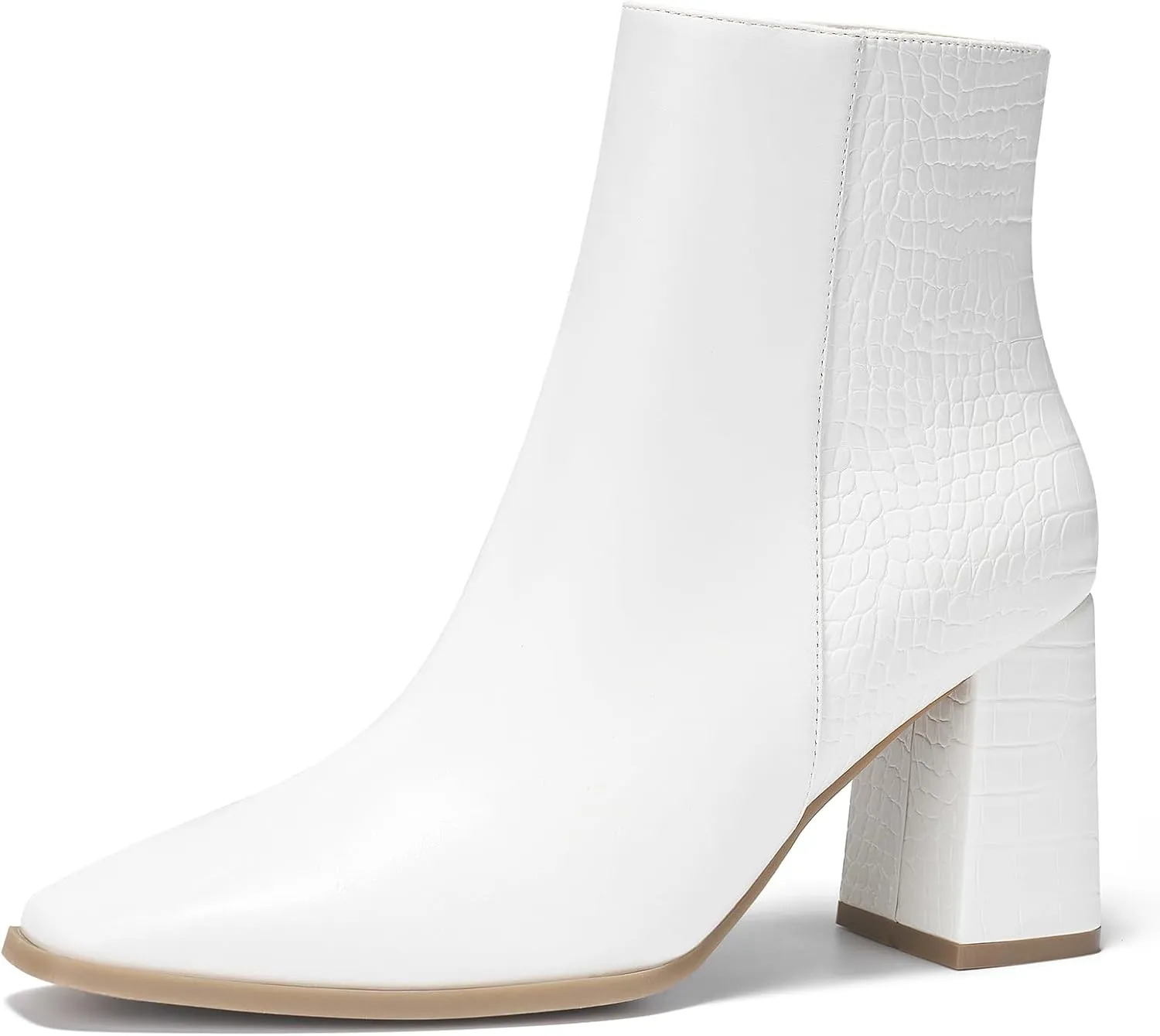 ALICEPUB Women's Ankle Boots Chunky Heel Booties Leather & Suede Dress Booties Square Toe Boots with Side Zipper