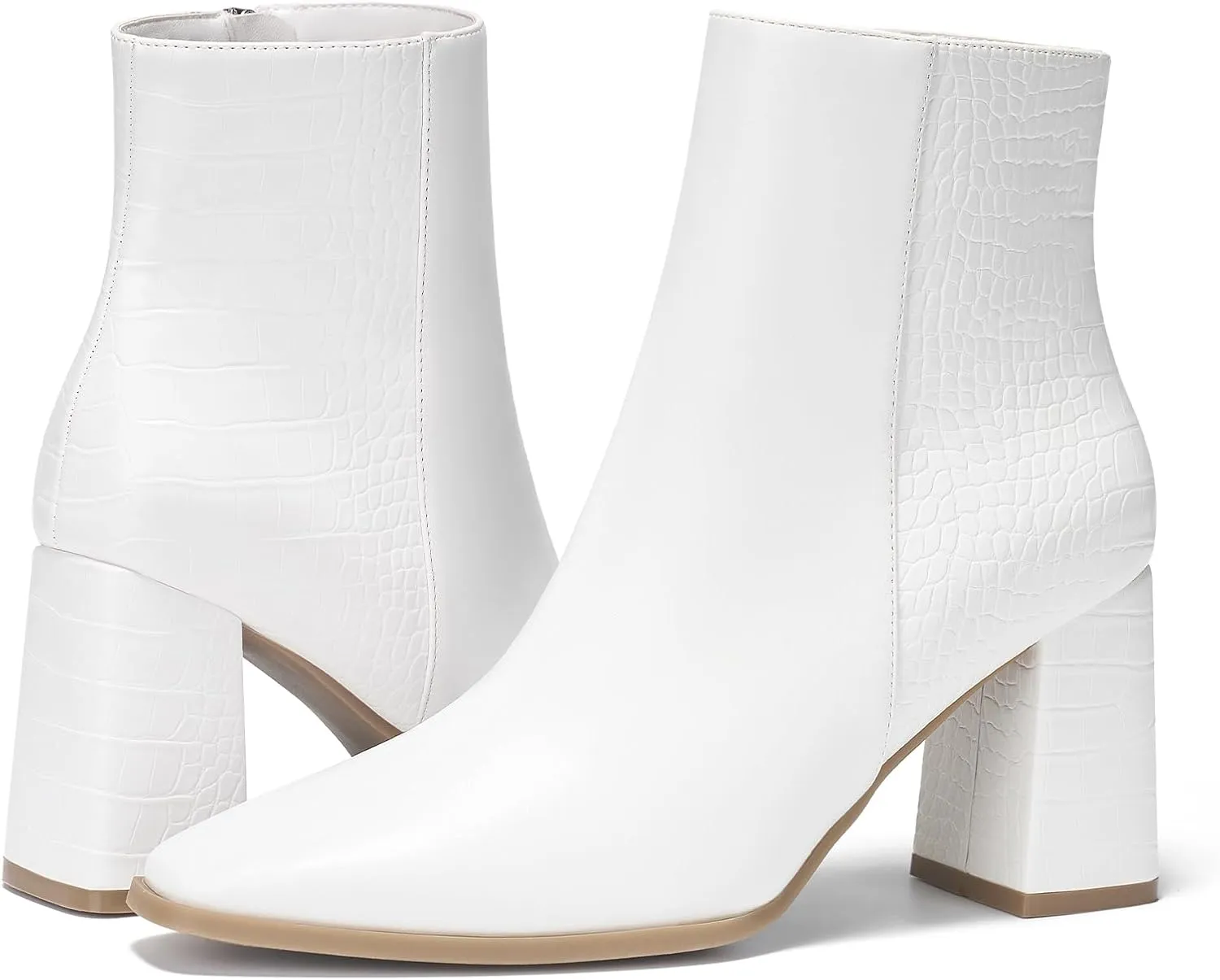 ALICEPUB Women's Ankle Boots Chunky Heel Booties Leather & Suede Dress Booties Square Toe Boots with Side Zipper
