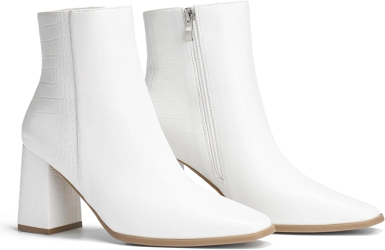 ALICEPUB Women's Ankle Boots Chunky Heel Booties Leather & Suede Dress Booties Square Toe Boots with Side Zipper