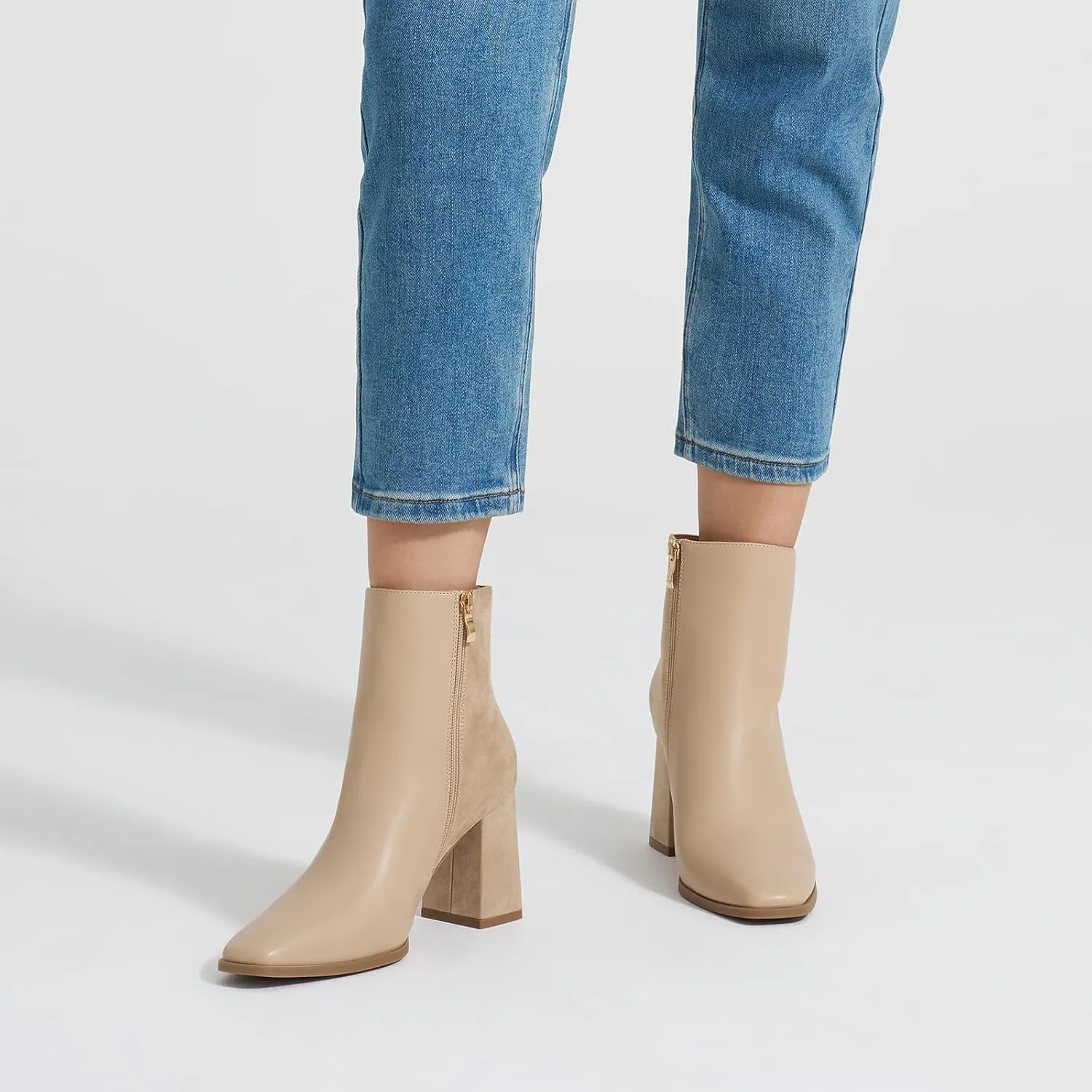 ALICEPUB Women's Ankle Boots Chunky Heel Booties Leather & Suede Dress Booties Square Toe Boots with Side Zipper