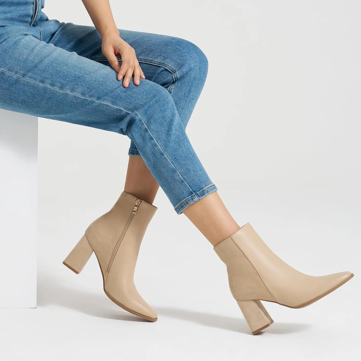 ALICEPUB Women's Ankle Boots Chunky Heel Booties Leather & Suede Dress Booties Square Toe Boots with Side Zipper