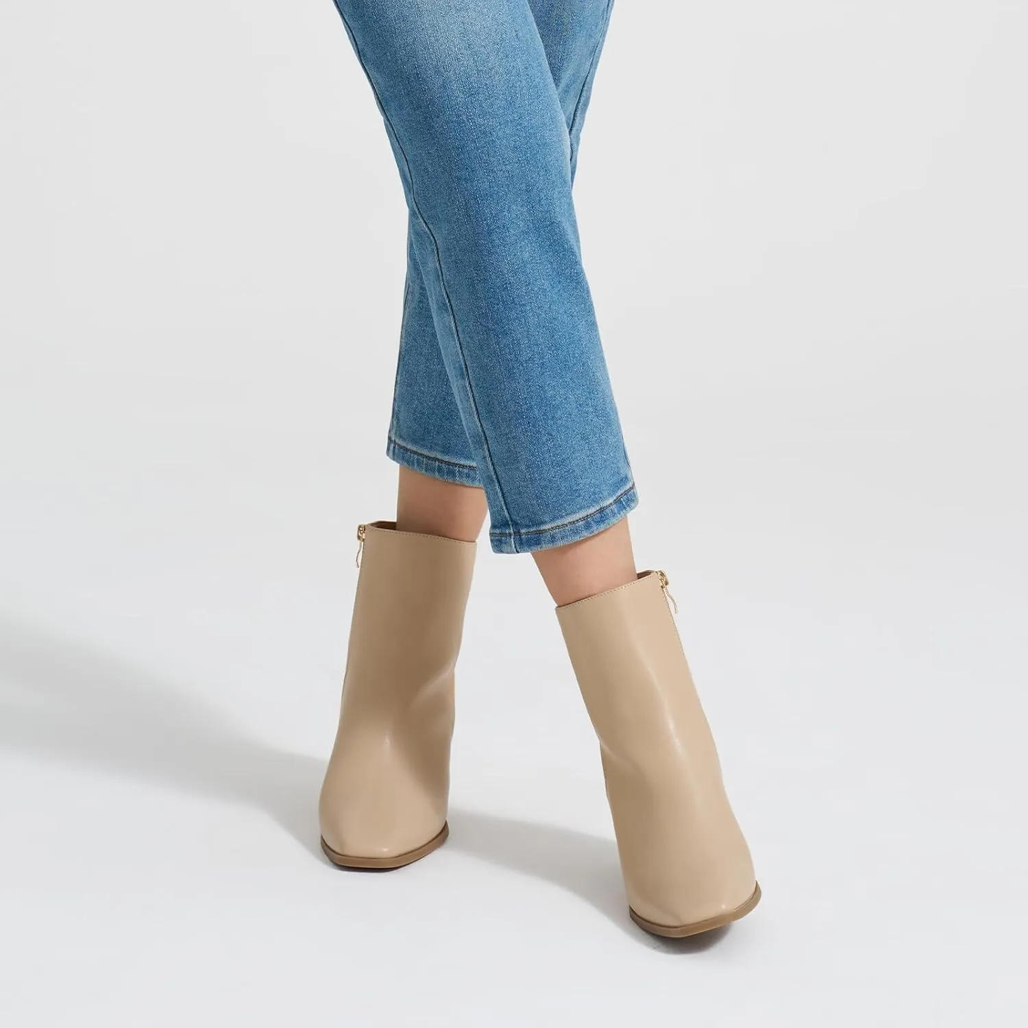 ALICEPUB Women's Ankle Boots Chunky Heel Booties Leather & Suede Dress Booties Square Toe Boots with Side Zipper