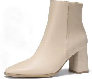 ALICEPUB Women's Ankle Boots Chunky Heel Booties Leather & Suede Dress Booties Square Toe Boots with Side Zipper