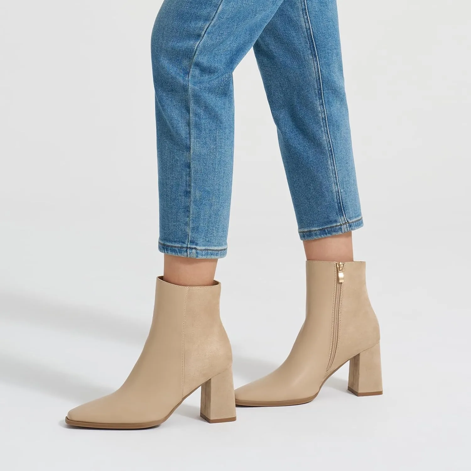 ALICEPUB Women's Ankle Boots Chunky Heel Booties Leather & Suede Dress Booties Square Toe Boots with Side Zipper