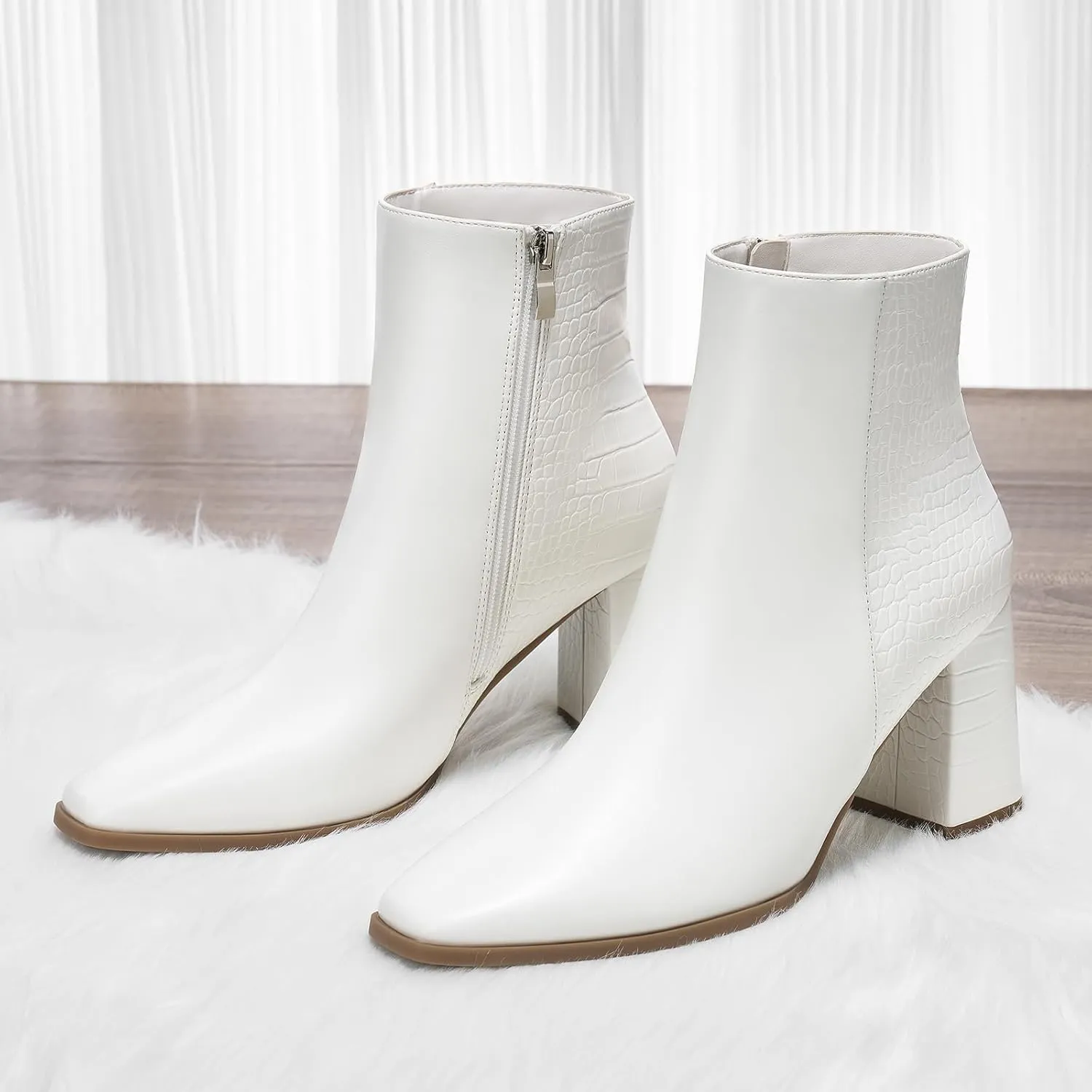ALICEPUB Women's Ankle Boots Chunky Heel Booties Leather & Suede Dress Booties Square Toe Boots with Side Zipper