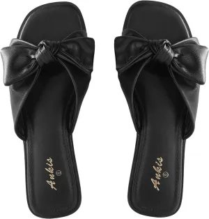 Ankis Womens Black White Flat Sandals for Women Dressy Comfortable Summer Beach Sandals for Women 2025 Cute Bow Square Open Toe Slide Sandals
