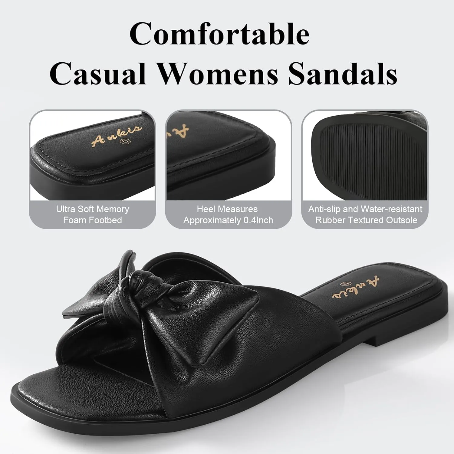 Ankis Womens Black White Flat Sandals for Women Dressy Comfortable Summer Beach Sandals for Women 2025 Cute Bow Square Open Toe Slide Sandals
