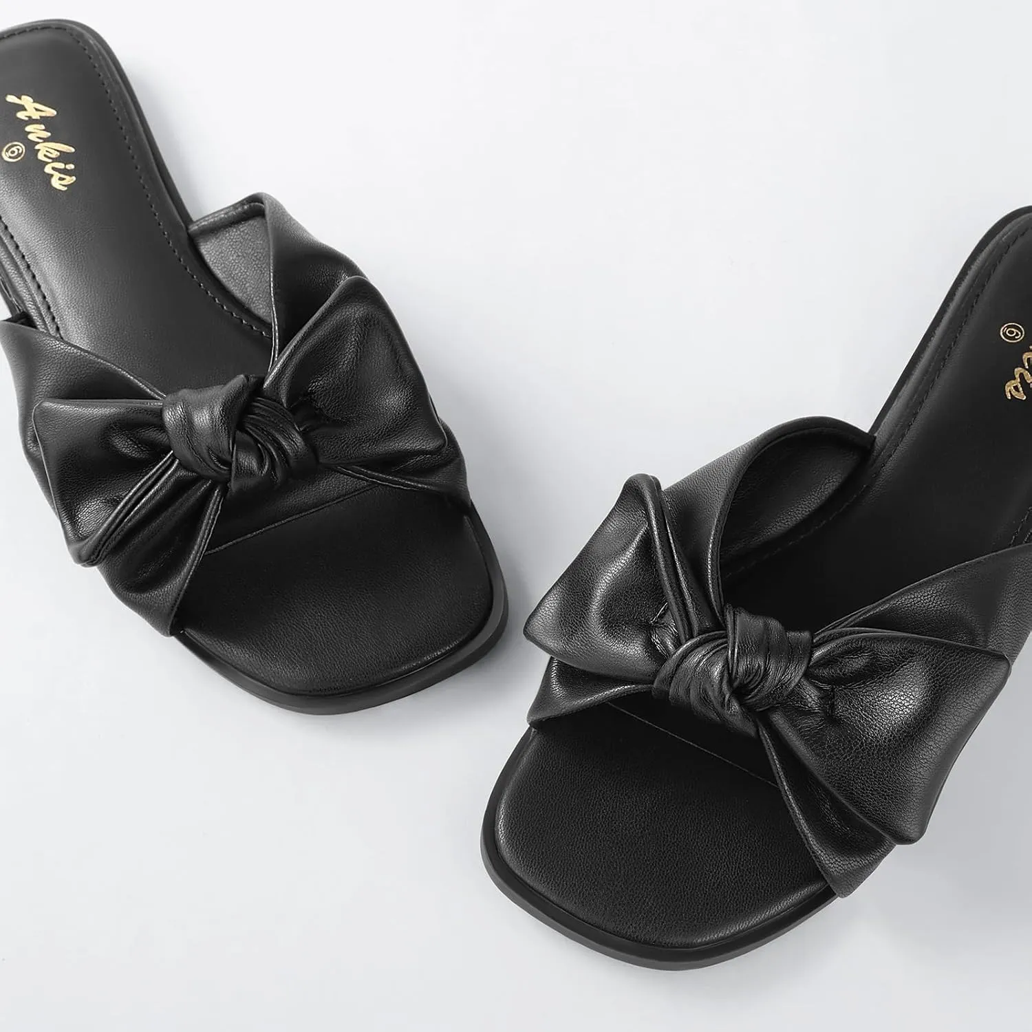 Ankis Womens Black White Flat Sandals for Women Dressy Comfortable Summer Beach Sandals for Women 2025 Cute Bow Square Open Toe Slide Sandals