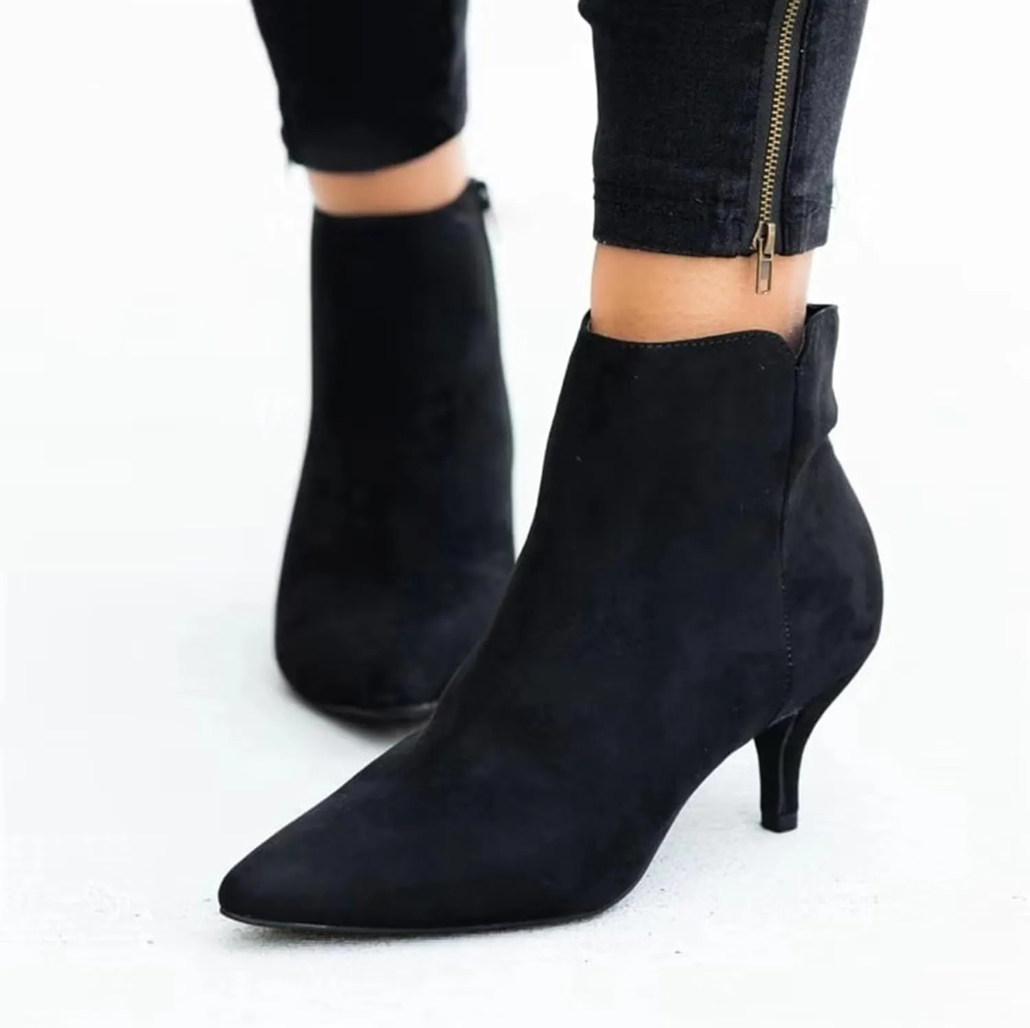 Ankle Boots for Women Low Heel Pointed Toe V Cut Kitten Heels Leather Booties Side Zipper Dress Shoes Office Booties