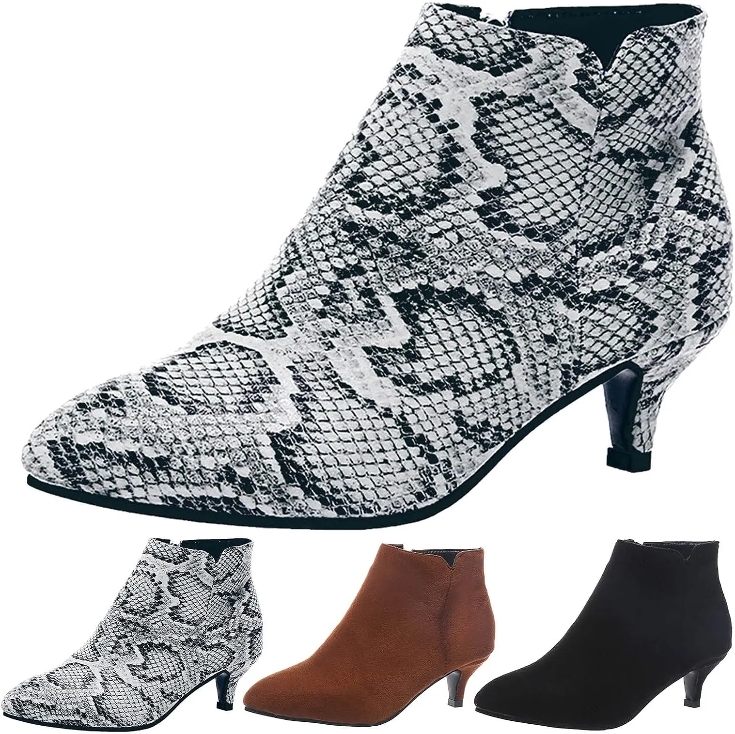 Ankle Boots for Women Low Heel Pointed Toe V Cut Kitten Heels Leather Booties Side Zipper Dress Shoes Office Booties