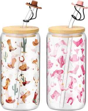 Baderke 2 Sets Western Cowgirl Beer Can 16 oz Drinking Cups with Bamboo Lid Glass Straw and Cleaning Brush Cowboy Boots Iced Coffee Cup Reusable Tumbler for Party Favors Gifts