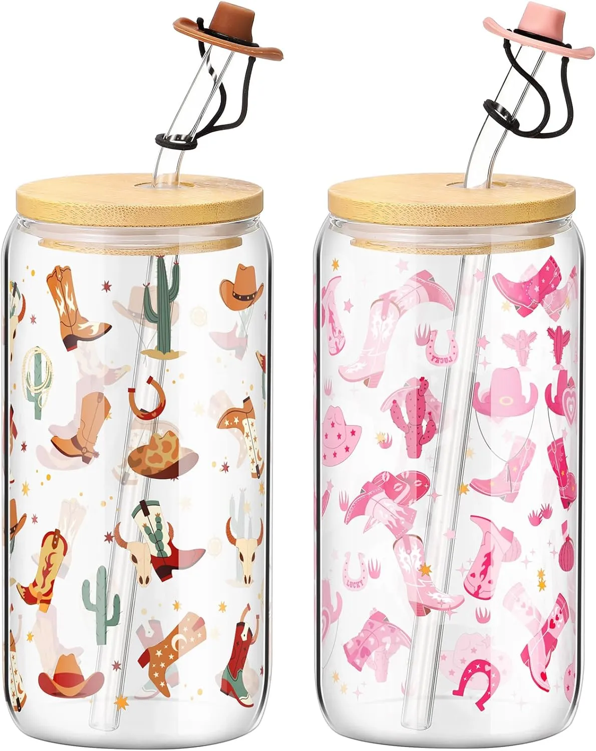 Baderke 2 Sets Western Cowgirl Beer Can 16 oz Drinking Cups with Bamboo Lid Glass Straw and Cleaning Brush Cowboy Boots Iced Coffee Cup Reusable Tumbler for Party Favors Gifts