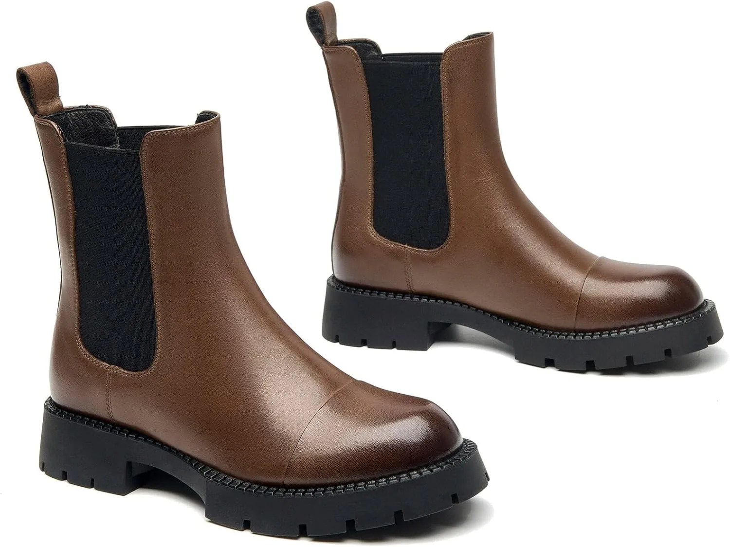 BEAU TODAY Chelsea Boots for Women, Chunky Platform Leather Chelsea Boots Womens Ankle Boots Round Toe Winter Dress Fashion Booties