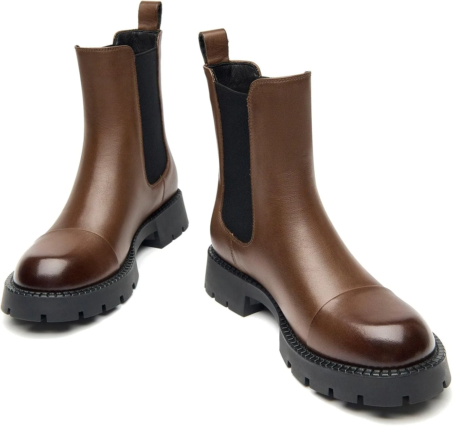 BEAU TODAY Chelsea Boots for Women, Chunky Platform Leather Chelsea Boots Womens Ankle Boots Round Toe Winter Dress Fashion Booties
