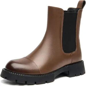 BEAU TODAY Chelsea Boots for Women, Chunky Platform Leather Chelsea Boots Womens Ankle Boots Round Toe Winter Dress Fashion Booties