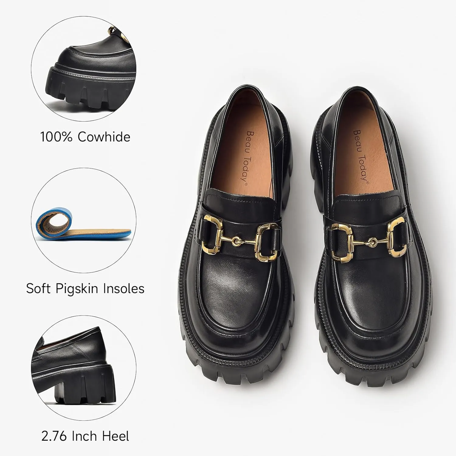 BEAU TODAY Chunky Loafers Women,Platform Loafers for Women,Lug Sole Slip On Leather Classic Penny Shoes,Comfortable Office Work Business Casual Dress Shoes