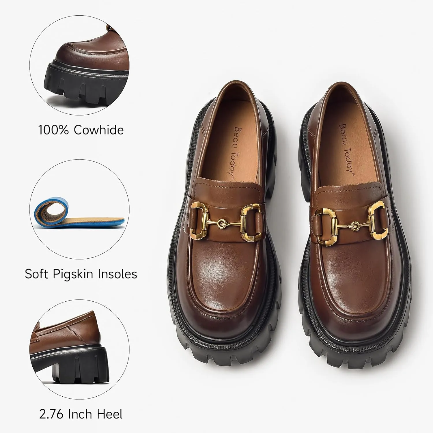 BEAU TODAY Chunky Loafers Women,Platform Loafers for Women,Lug Sole Slip On Leather Classic Penny Shoes,Comfortable Office Work Business Casual Dress Shoes