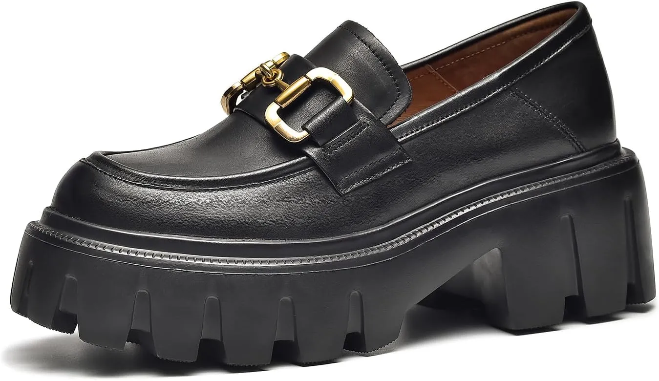 BEAU TODAY Chunky Loafers Women,Platform Loafers for Women,Lug Sole Slip On Leather Classic Penny Shoes,Comfortable Office Work Business Casual Dress Shoes