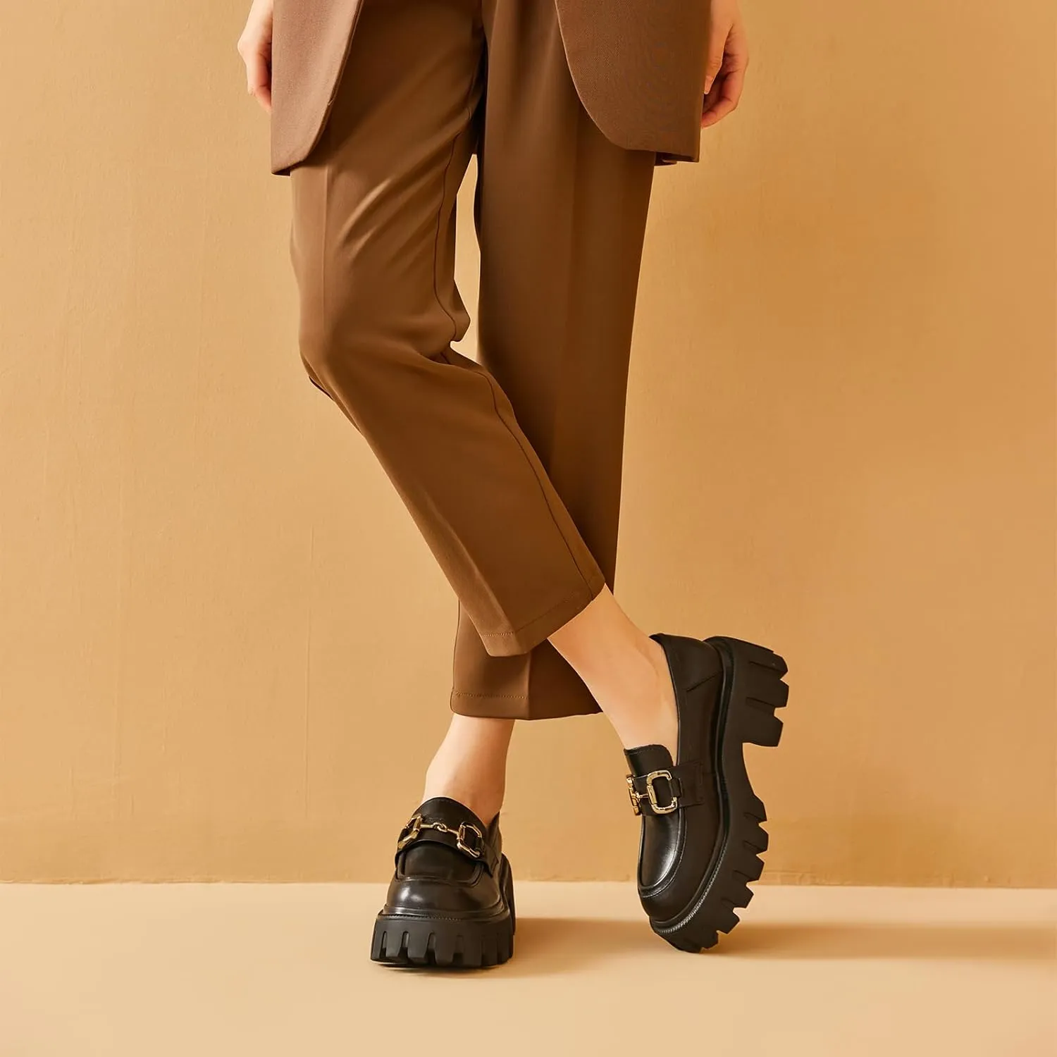 BEAU TODAY Chunky Loafers Women,Platform Loafers for Women,Lug Sole Slip On Leather Classic Penny Shoes,Comfortable Office Work Business Casual Dress Shoes