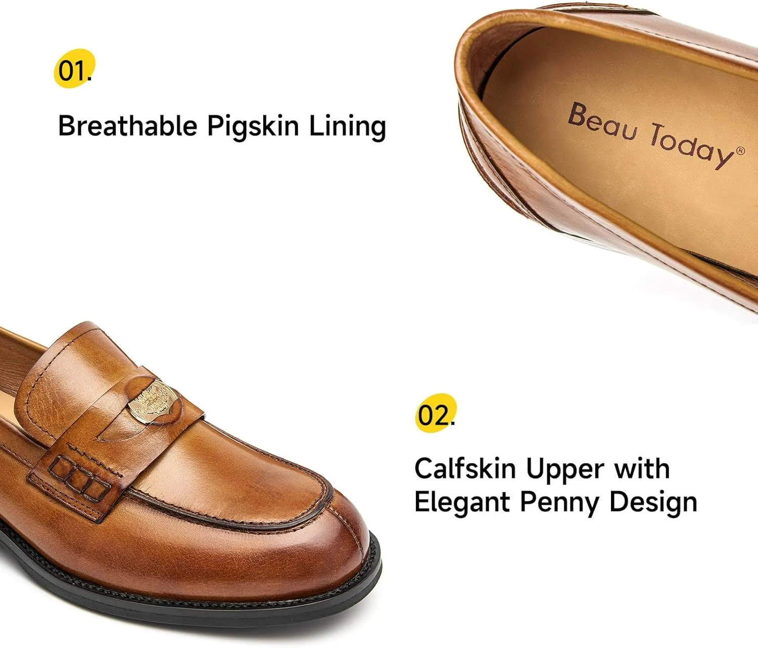 BEAU TODAY Flat Loafers for Women, Women’s Leather Penny Loafers, Slip-on Flats for Women, Comfortable Dressy Business Casual Office Non-Slip Round Toe Loafers