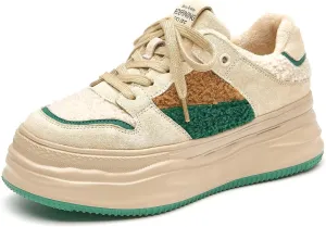 BEAU TODAY Fur Lined Winter Sneakers for Women, Womens Chunky Platform Warm Sneakers, Comfortable Suede Snow Lace-up Non-Slip Round Toe Casual Snow Walking Tennis Shoes
