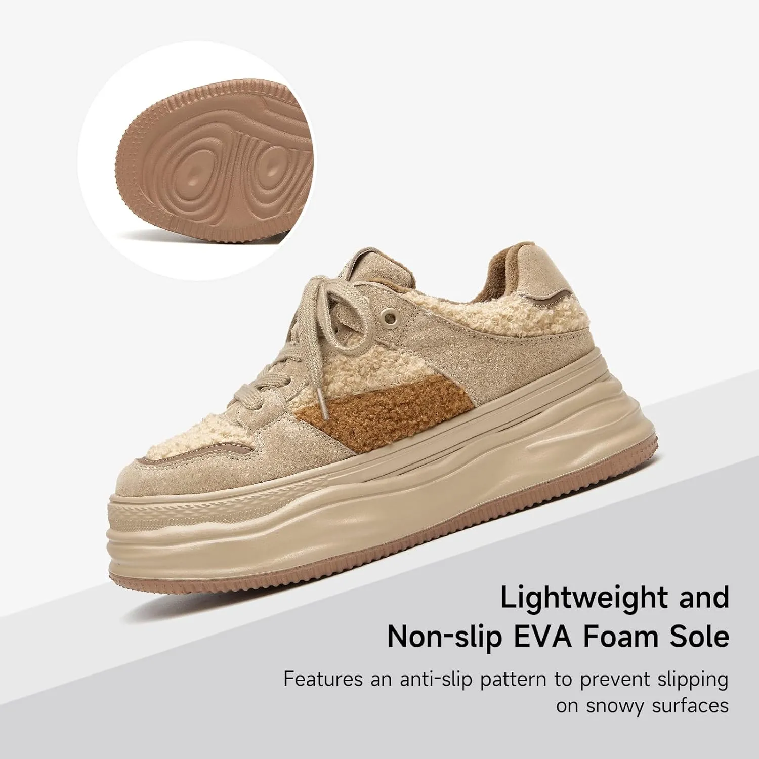 BEAU TODAY Fur Lined Winter Sneakers for Women, Womens Chunky Platform Warm Sneakers, Comfortable Suede Snow Lace-up Non-Slip Round Toe Casual Snow Walking Tennis Shoes