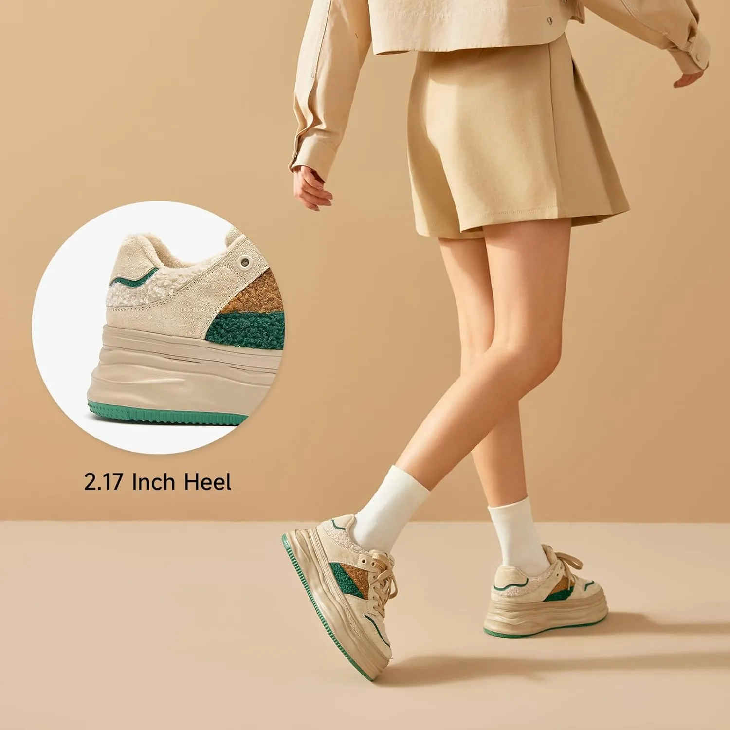 BEAU TODAY Fur Lined Winter Sneakers for Women, Womens Chunky Platform Warm Sneakers, Comfortable Suede Snow Lace-up Non-Slip Round Toe Casual Snow Walking Tennis Shoes