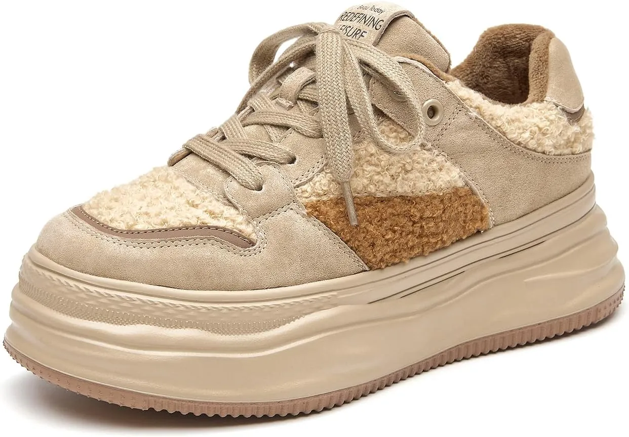 BEAU TODAY Fur Lined Winter Sneakers for Women, Womens Chunky Platform Warm Sneakers, Comfortable Suede Snow Lace-up Non-Slip Round Toe Casual Snow Walking Tennis Shoes